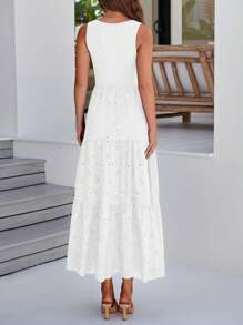 Women Summer Eyelet Midi Dress Casual Sleeveless Patchwork A-Line Flowy Tiered Dress Solid Color Spring Vacation Holiday Beach Wedding Guest Valentine Long Dress Sundress - 白色 - 查看 2