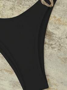 New Solid Color Bandeau With Detachable Straps & Metal Decor, 2 Pieces Bikini Set - Black - View 4