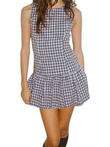 Women Summer Mini Dress Sleeveless Ruched Ruffle Layered Hem Bodycon Short Dress Slim Fitted Party Cocktail Dress Plaid/Polka Dots Print Crew Neck Casual Sundress - 藍色 - 查看 4