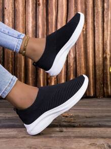 女士黑色透气针织休闲平底一脚蹬鞋，轻便舒适，适合休闲、运动和日常穿着。 - 黑色 - 查看 3