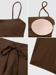 NcmRyu 1 Set Women Seamless Elastic Sexy Camisole With Padded Bra And Shorts Sports Suit - Brown - View 3