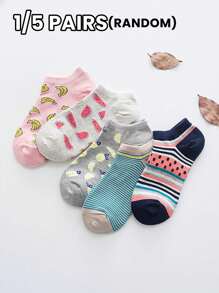 1/5 Pairs Women Thin Socks, Multicolored Cartoon Fruit Watermelon Banana Striped Contrast Color Cute Sweet Fashion Soft Comfy Casual Boat Socks, No Show Socks For Spring/Summer - Multicolor - View 2
