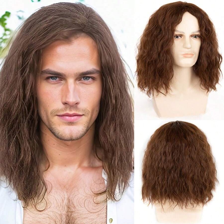Tóc giả dài 14 inch màu nâu gợn sóng cho nam Tóc giả tổng hợp xoăn tự nhiên, rẽ ngôi bên cho nam phong cách Hippie thập niên 60, 70, trang phục hóa trang tiệc tùng Anime dài ngang vai cho nam - màu nâu - Xem 1