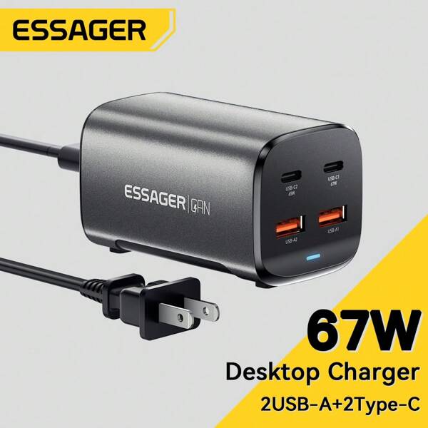 ESSAGER 67W USB C GaN Charger Desktop Quick Charge 4.0 QC 3.0 PD Type C Fast Charging For POPC 1514 13 12 11Pro Max Laptop Black Suitable For Travel, Office, Dorm, And Home Adapter