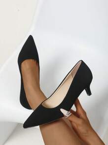 Women's Pointed Toe Low Vamp Slim Stiletto Mid-Heel Shoes, Simple French Style Mid-Heels, Comfortable Commute & Work High Heels, Elegant For Social Occasions, Versatile Black High Heels For Outdoor - Black - View 3