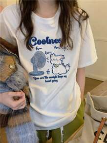 女式夏季可爱小狗图案印花圆领休闲短袖 T 恤 - 白色 - 查看 9