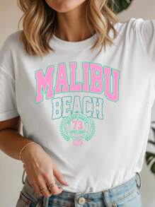 Casual Sports Letter Print Graphic Regular Fit Round Neck Short Sleeve Women T-Shirt, Suitable For Summer