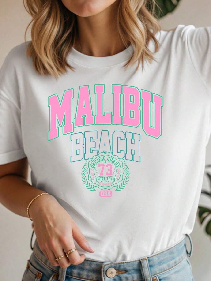 Casual Sports Letter Print Graphic Regular Fit Round Neck Short Sleeve Women T-Shirt, Suitable For Summer