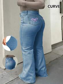 TOP Hot Selling American Personalized Tight Y2K Pocket Bow Embroidery Plus Size Women's Jeans Flare Pants - Dark Wash - View 1