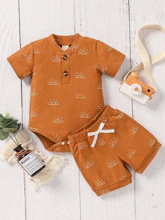 2 件套男婴罗纹印花短袖时尚舒适连体衣