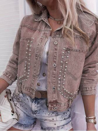 Chaqueta vaquera de manga larga, holgada y suelta, con bordados y cuentas, de talla estándar para mujer