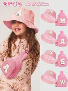 2pcs Set Letter Print Kids Bucket Hat & Minimalist Brim, Fashion Shoulder Diagonal Cross Bag, Suitable For Boys And Girls Everyday Wear - Pink - View 2