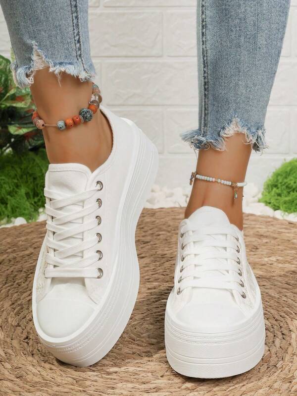 Tênis novos brancos com sola grossa de 2 cm, sapatos casuais vulcanizados de lona plana, estilo estudante/ao ar livre/versátil, para mulheres