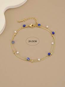 1pc Pearl & Golden Beaded Stainless Steel Double Layer Anklet - Yellow Gold - View 3