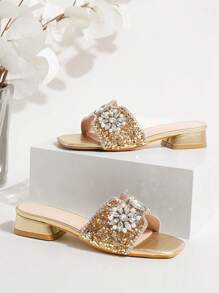 Fashionable New Women's Sandals, Wide Straps Pearl Rhinestone Decor, Sexy Peep Toe, Versatile Casual Low Heels, Summer - Gold - View 2