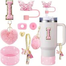 8 piezas de accesorios para taza de 40 oz y 30 oz, incluyendo tapa con pajita, tapa de silicona a prueba de derrames, funda de silicona, cadena con dije de letra, pegatina, gancho en forma de corazón, pompones con forma de corazón y bola de pelo, ideal para camping, regalo del Día de San Valentín, Día de la Madre, útiles escolares