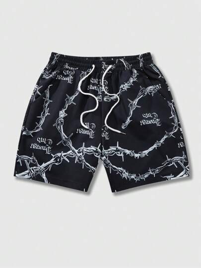 Men Fashionable Digital Print Loose-Fit Shorts, Thorn Pattern, Suitable For Casual & Outdoor Wear, Emo, 2000s Style