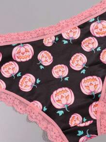 Morvia 10 stuks Sexy Roze Contrasterende Kanten Versieringen Gothic Chic Low-Rise Bikini's, Allover Bugs & Spiders & Skull & Bats & Pumpkins Print, Comfortabele Hipster Slipjes Voor Vrouwen - Halloween Lingerie & Ondergoed