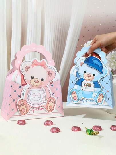 1/5 件 - 婴儿沐浴生日礼物袋，适合男孩和女孩，配有纸巾和卡片气球熊图案，带手柄