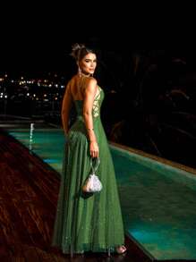 Gabriela Shiny Tulle Crossover Dress - Verde militar - Ver 4
