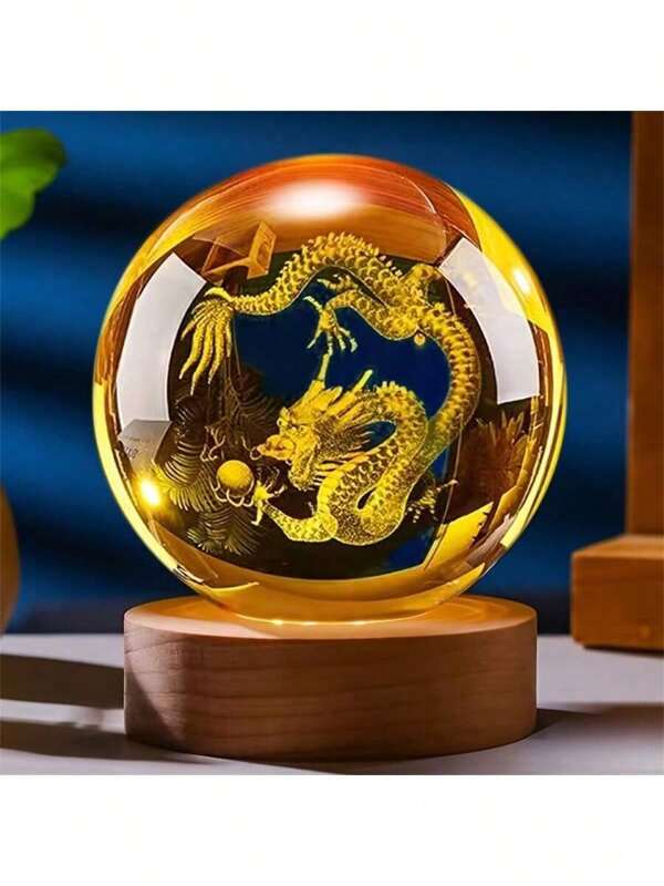 1 st. 3D Draak Kristallen Bol Ornament Met Houten Basis, Drakenbeeldje Vulling, Thuis Slaapkamer Decor Glazen Bol Nachtlampje, 2.36 Inch Verjaardagscadeau Voor Vrouwen, Mannen Of Drakenliefhebbers