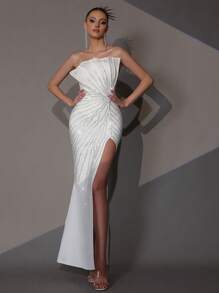 全新性感露肩露背水钻网眼拼接高开衩超长绷带连衣裙，优雅女士派对正式晚礼服，适合婚礼宾客 - 白色 - 查看 2