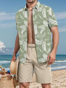 tooluck 2 Pack Men's Casual Casual Printed Short Sleeve Shirt And Solid Shorts Set - màu xanh lá - Xem 1