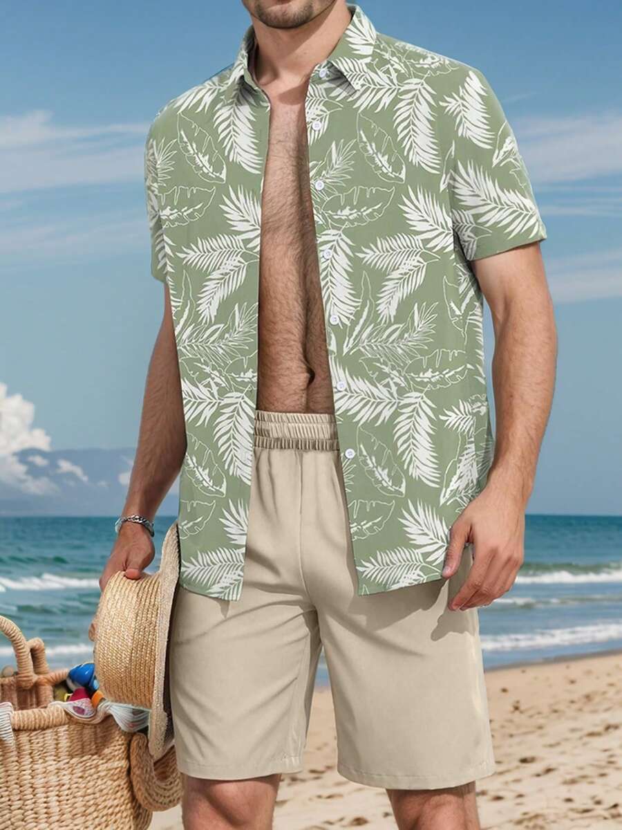 tooluck 2 Pack Men's Casual Casual Printed Short Sleeve Shirt And Solid Shorts Set - màu xanh lá - Xem 1