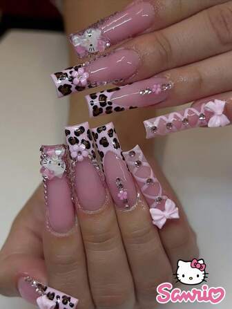 Sanrio 24pcs Long Coffin Nail Stickers, Includes Pink Leopard Print, Pink Ballet, Sanrio Pink Hello Kitty, 3D Pink Bowknot Ballet Decor Nail Tips, Suitable For Women Daily Wear, Party, Events (Includes 1 Piece Jelly Glue, 1 Scraper)