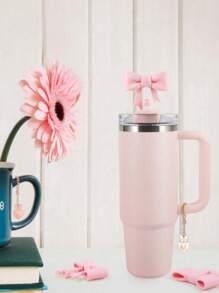 2pcs/Set: 1pc Silicone Bow Straw Topper & 1pc Letter Heart Bow Cup Tag, Fit For 40oz Cup, 10mm Straw Diameter, With Handle Glass Cup, Cute Pink Butterfly Decoration, Back To School Supplies