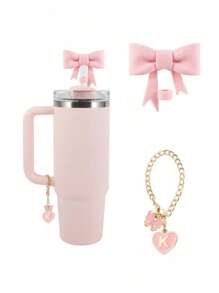 2pcs/Set: 1pc Silicone Bow Straw Topper & 1pc Letter Heart Bow Cup Tag, Fit For 40oz Cup, 10mm Straw Diameter, With Handle Glass Cup, Cute Pink Butterfly Decoration, Back To School Supplies
