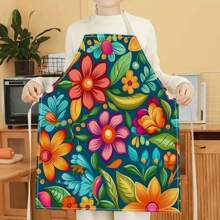 1 pieza Delantal de lino con estampado 3D de flores para cocinar en el hogar, uso de cocina y entusiastas de la cocina