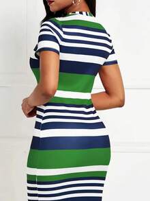 女士休闲撞色条纹修身连衣裙，夏季优雅之选 - 綠色 - 查看 2