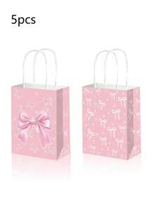 5/10pcs Pink Bow Gift Bags, Paper Bags With Handles For Women, Party, Candy, Birthday, Christmas, Wedding, Engagement,Birthday,Bride,Wedding