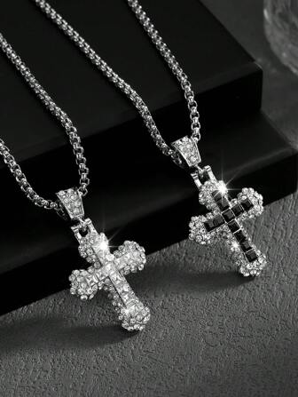 1pc Fashionable Personalized Hip Hop Fully Rhinestone Decor Cross Pendant Necklace, Luxury Streetwear Style Suitable For Men, Women And Couples Daily Wear And Gift