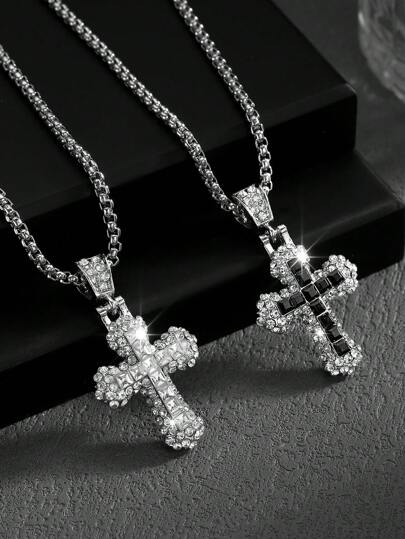 1 件时尚个性化嘻哈全水钻装饰十字架吊坠项链，奢华街头风格，适合男士、女士和情侣日常佩戴和礼物