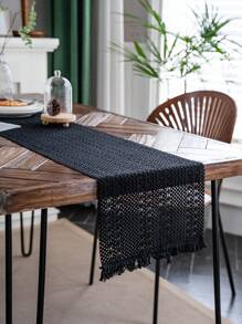 1 PC Đồng Màu Khoét Hở Placemat, Hình Chữ Nhật Phong Cách Mỹ Với Tua Rua Trang Trí, Trang Trí Bàn Ăn, Giáng Sinh Xanh, Cho Tất Cả Các Mùa - màu đen - Xem 6