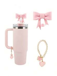 2pcs/Set: 1pc Silicone Bow Straw Topper & 1pc Letter Heart Bow Cup Tag, Fit For 40oz Cup, 10mm Straw Diameter, With Handle Glass Cup, Cute Pink Butterfly Decoration, Back To School Supplies