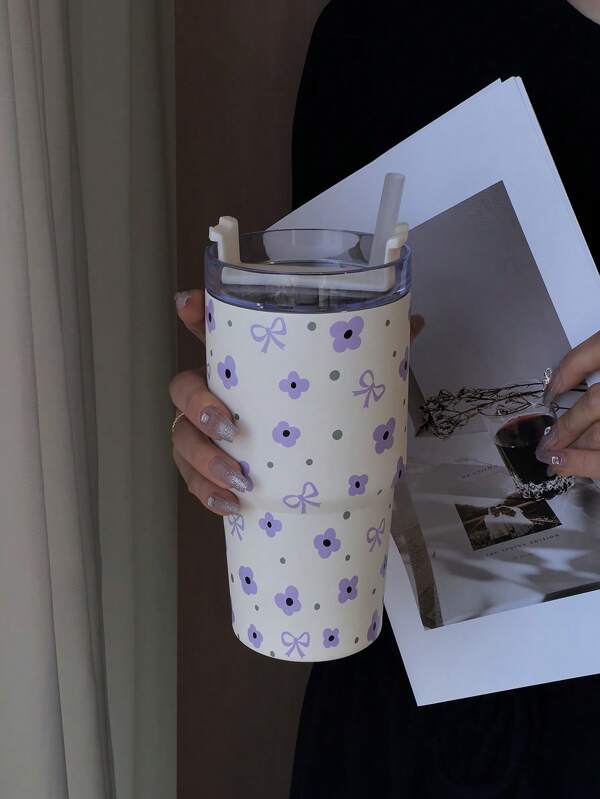 1pc 20oz (600ml) Stainless Steel Insulated Tumbler With Flower & Bow Pattern, Double Wall Vacuum Cup, Coffee Mug, Water Bottle, Suitable For Office, Home, Outdoor, School And Occasions Like Valentine's Day, Christmas, Ramadan, Mother's Day, Birthday Gift Back To School