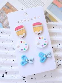 3 paires de boucles d'oreilles en acrylique et en argile polymère aux designs crayon, palette, ciseaux pour la Fête des enseignants/la rentrée scolaire/la saison de remise des diplômes - Des boucles d'oreilles mignonnes et amusantes, cadeau pour les fêtes - crayon palette ciseaux - Voir 5