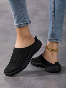女士黑色透气针织休闲平底一脚蹬乐福鞋，轻便舒适 - 黑色 - 查看 5
