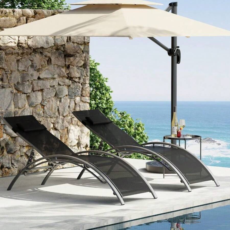 Danolapsi Outdoor Chaise Lounge Chairs Set Of 2,Aluminum Outdoor Pool Adjustable Backrest Lounge Chair Beach Sunbathing Lawn Lounger Recliner Chair,For Pool, Garden, Beach, And Backyard - Black - View 1