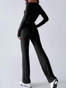 Spring Women's Fashionable Belly-Baring Long-Sleeved Tops, Slim-Fitting Lace-Up Flared Pants Sports Suit