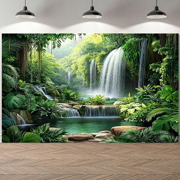 خلفية مائية غزيرة في الغابات الاستوائية - مشهد حيوي لغابات الأمطار مع غلاف ضبابي، سهل التعليق، لا يتطلب طاقة - مثالية لأنشطة موضوع عيد الميلاد والربيع, شلال عالي في غرفة المعيشة