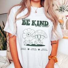 Be Kind To All Kinds Mushroom Shirt Cottagecore Clothing Mental Health Shirt Goblincore Tee Aesthetic Graphic Tee Granola Girl Shirt Gift, Comfort Fit Short Sleeve Classic Heavy Cotton T Shirt Printed Graphic Tee Women's Casual Short-Sleeved Top - White - View 1
