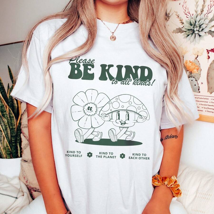 Be Kind To All Kinds Mushroom Shirt Cottagecore Clothing Mental Health Shirt Goblincore Tee Aesthetic Graphic Tee Granola Girl Shirt Gift, Comfort Fit Short Sleeve Classic Heavy Cotton T Shirt Printed Graphic Tee Women's Casual Short-Sleeved Top - White - View 1