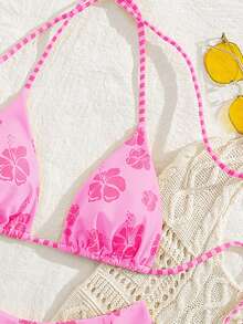 PEPPERMOLLY 新款柔软印花露背系带沙滩装优雅性感比基尼套装，夏季沙滩时尚女士泳装度假装 - 玫粉色 - 查看 6