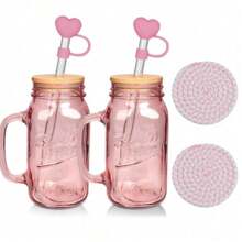 ZHANGJIE Mason Jar Glass Cup With Lid & Handle, 1 Set Including 2 Drinking Glasse & 2 Straw & 2 Coaster & 2 Straw Cap & 1 Brush, Drinking Cup For Home Office, Boyfriend Gifts, Gifts For Girlfriend, Kitchen Gadgets 2024 324809