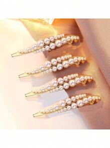 优雅金属发夹，饰以仿珍珠和水钻，侧夹式发饰，发卡，发爪，学生用品，珍珠发饰，派对造型