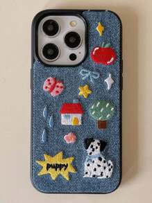 Funda de teléfono a prueba de caídas, a prueba de agua, a prueba de golpes y resistente a los arañazos, compatible con iPhone, con bordados creativos de lunares, casita de perro, estrella, lazo, letra y denim